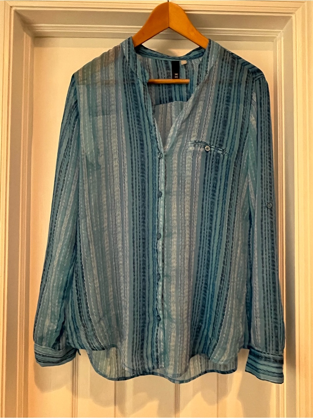 KUT From The Kloth Sheer Vertical Stripe Button-Up Blouse, Blue - Size M